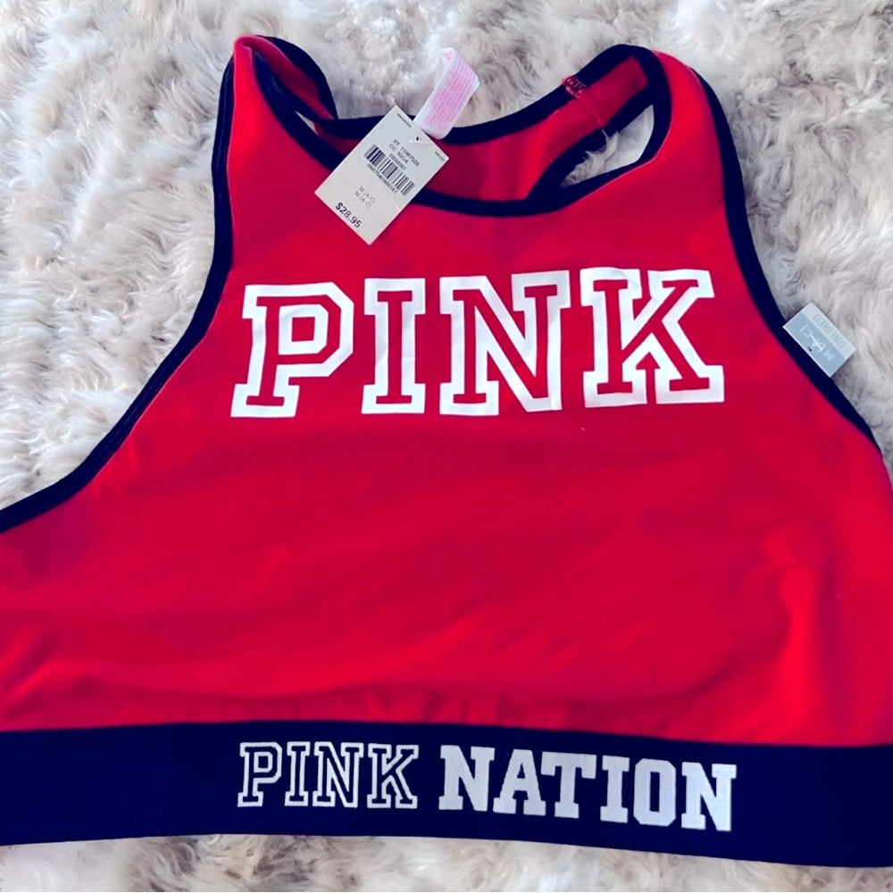 NWT $29.95 Victoria’s Secret PINK Crop Sports Bra, Size Medium Red & White